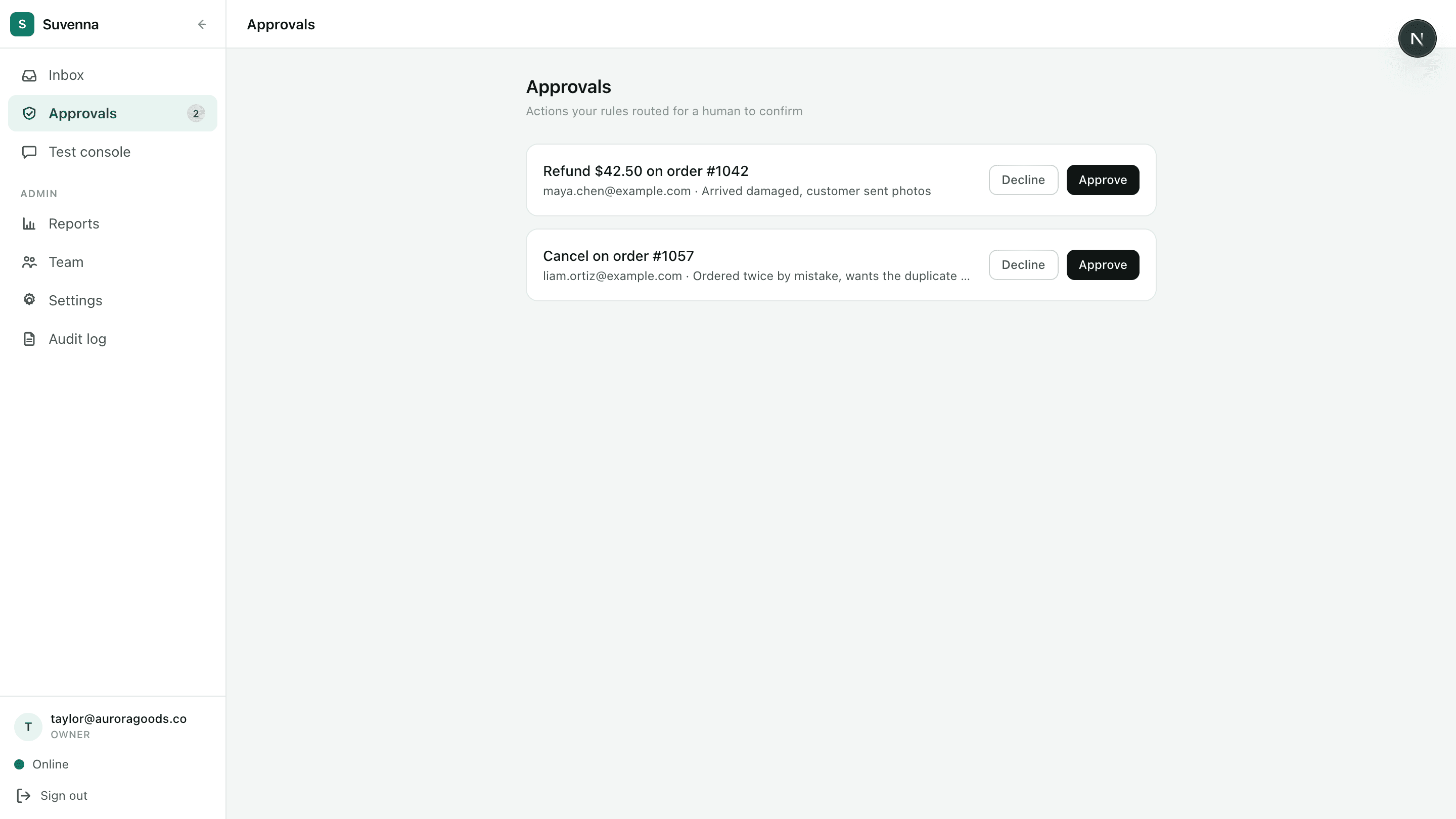 The Suvenna approvals queue showing a pending refund with order context