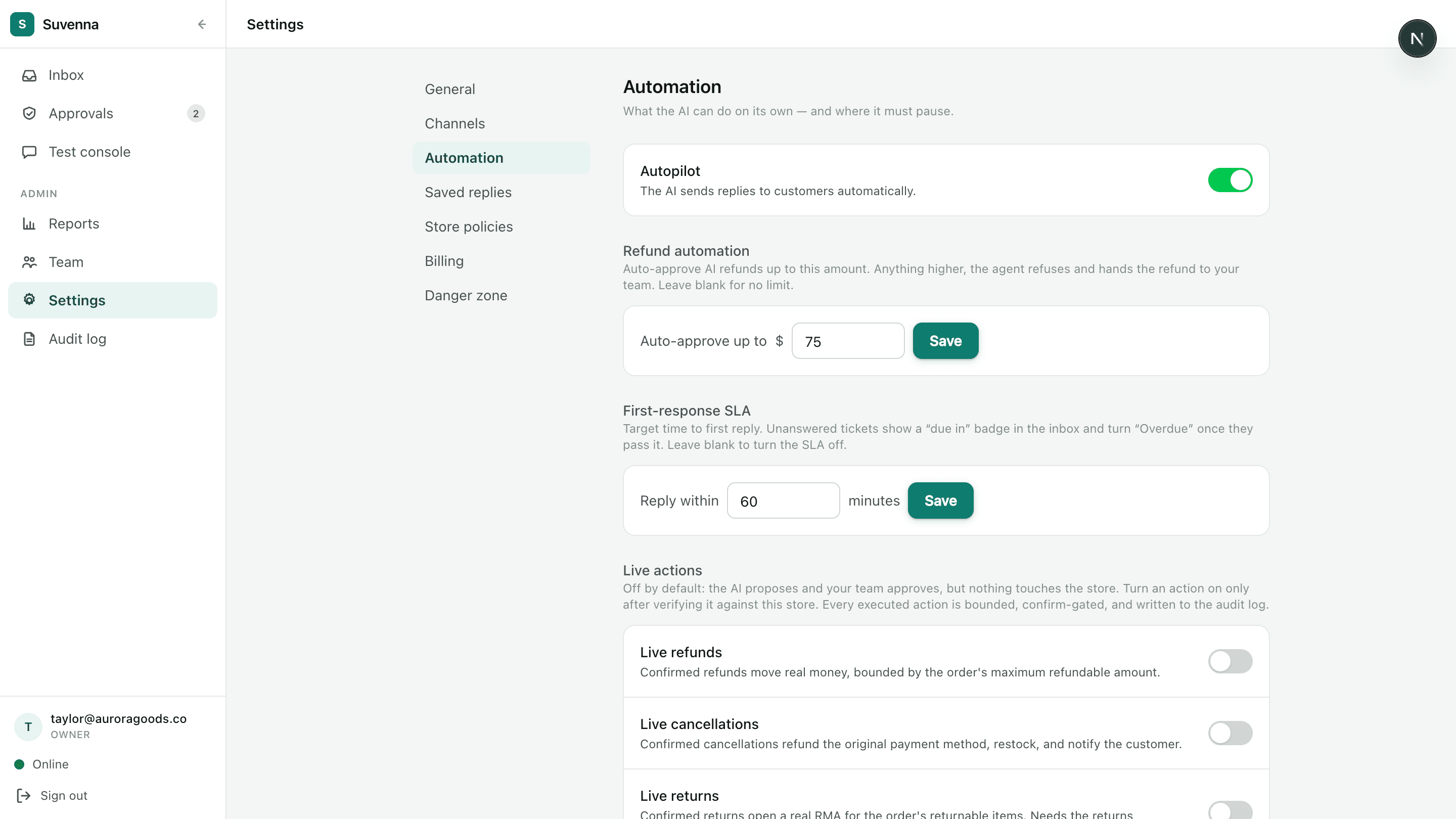 Suvenna automation settings: autopilot, refund ceiling, SLA target, and live-action controls